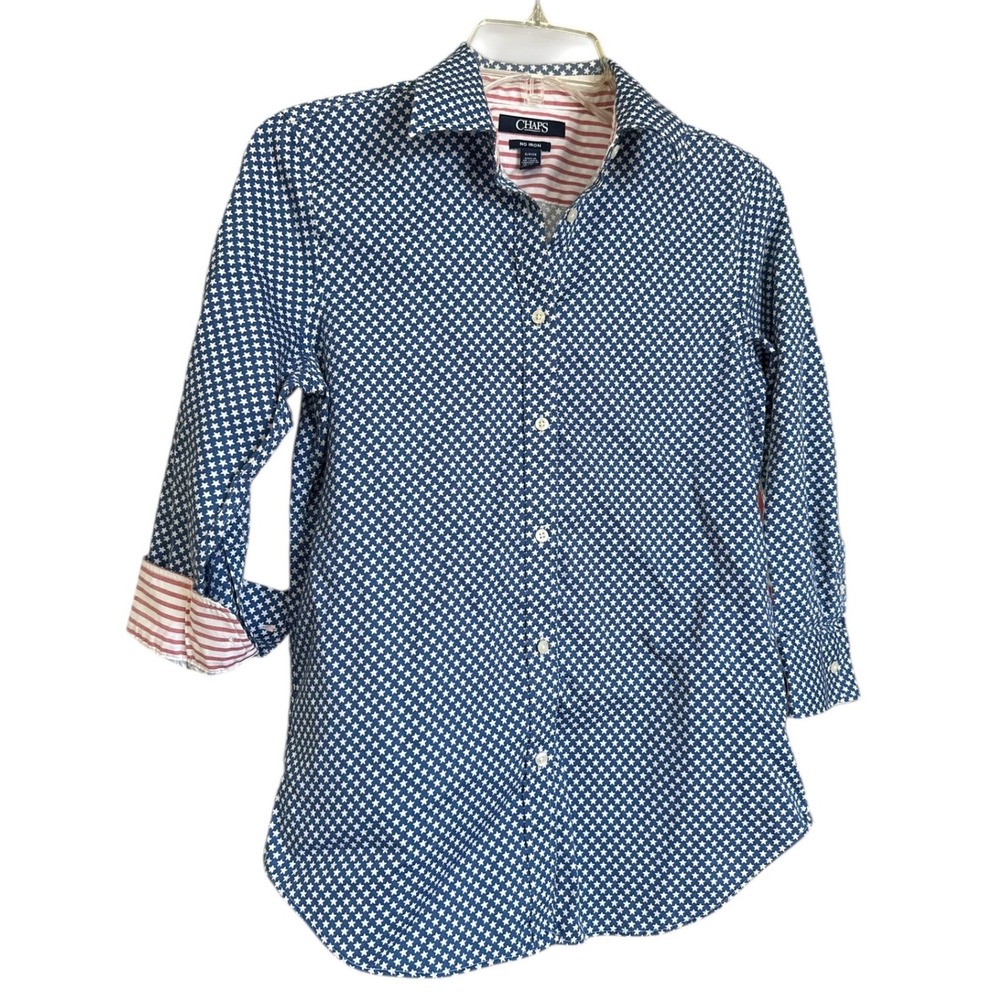 Chaps Womens Sz S No Iron Star Print Button Down Shirt Navy Blue White Red 3/4